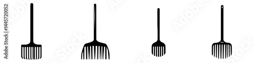 Vector illustration of various garden rakes in black and white designs for gardening and landscaping use