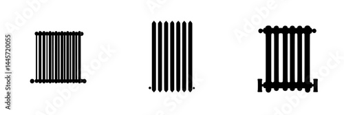 Vector illustration icons of black and white radiators in various designs for heating systems