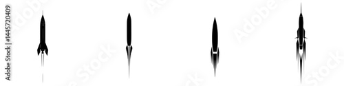 Vector illustration of black and white rocket designs symbolizing space exploration and innovation