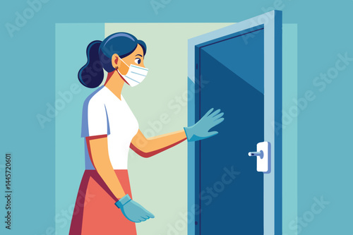 A woman wearing a mask and gloves stands in front of a closed door, preparing to open it while taking precautions for health and safety.
