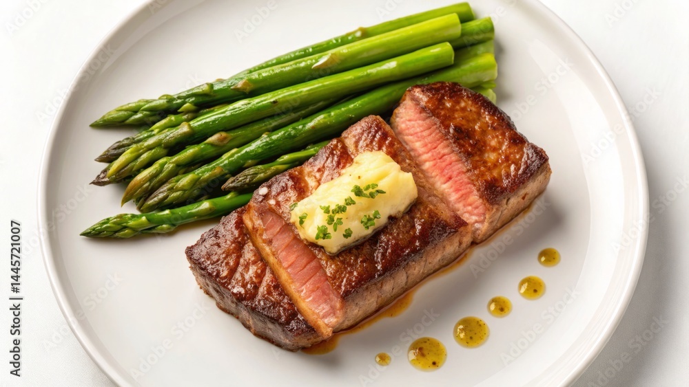 Juicy grilled steak is plated alongside vibrant green asparagus topped with melting herb butter. The dish showcases a refined culinary presentation, ideal for elegant dining