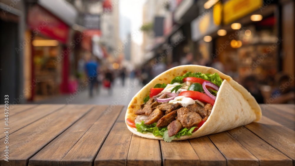 A savory wrap is presented on a wooden table, filled with grilled meat, crisp lettuce, fresh tomatoes, and onions. The lively urban street features blurred figures in the background