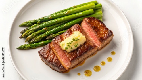 Obraz na płótnie Juicy grilled steak is plated alongside vibrant green asparagus topped with melting herb butter. The dish showcases a refined culinary presentation, ideal for elegant dining w salonie