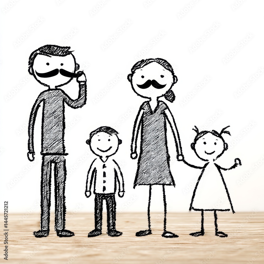 A delightful cartoon family portrait, featuring each member with a playful mustache design. A delightful cartoon family portrait, featuring each member with a playful mustache design.