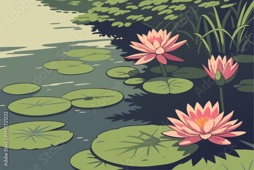 51 Serene pond scene, vibrant pink water lilies, lush green lily pads, calm dark water, sunlit aquatic garden, high detail botanical photography, peaceful nature composition, floating leaves, vibrant 