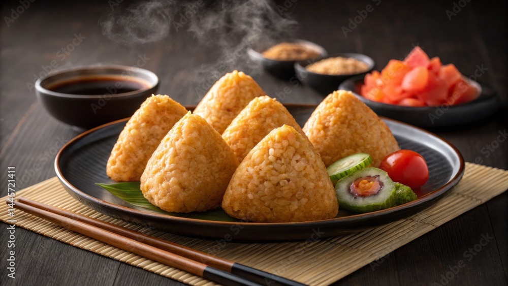 A platter features steaming onigiri rice balls arranged neatly, accompanied by fresh cucumber, cherry tomatoes, and a small bowl of dipping sauce, creating a delightful culinary presentation