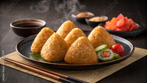 Obraz na płótnie A platter features steaming onigiri rice balls arranged neatly, accompanied by fresh cucumber, cherry tomatoes, and a small bowl of dipping sauce, creating a delightful culinary presentation w salonie