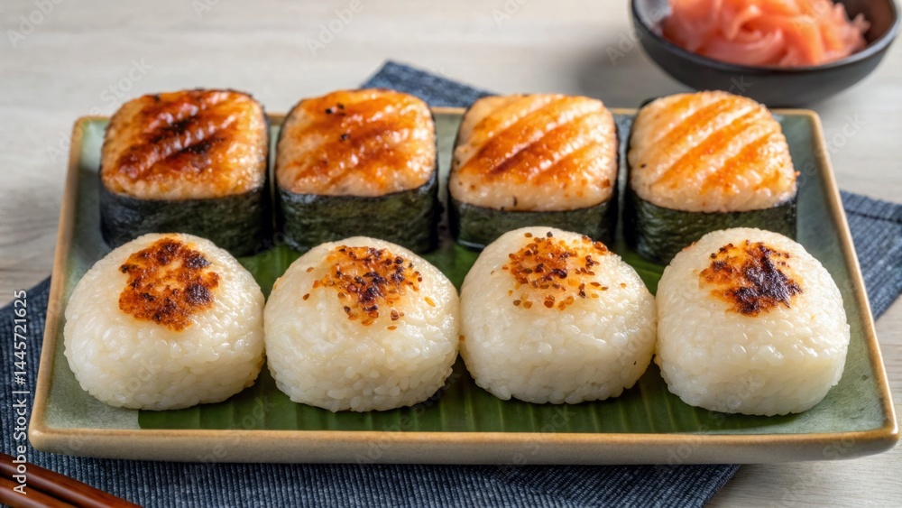 Grilled fish with a crispy top is arranged beautifully alongside round rice balls on a green plate. Pickled ginger complements the dish, enhancing the dining experience