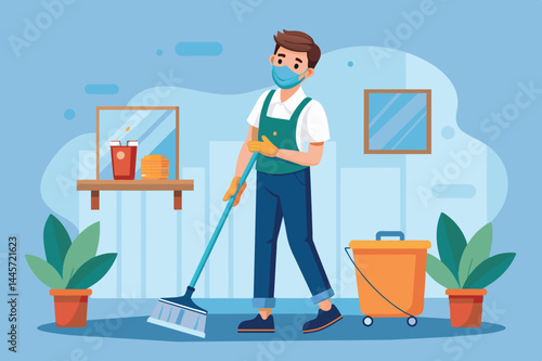 A young man wearing gloves and a mask mops the floor in a tidy indoor space filled with potted plants, showcasing his commitment to cleanliness and hygiene.