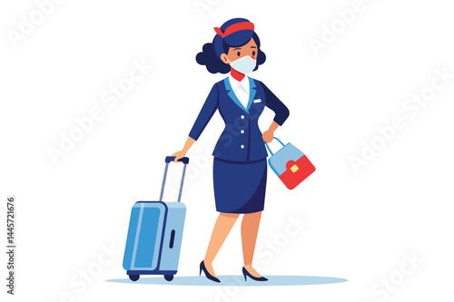 The flight attendant is dressed in a professional uniform, holding a suitcase and handbag, while wearing a mask, ready for her duties at the airport.
