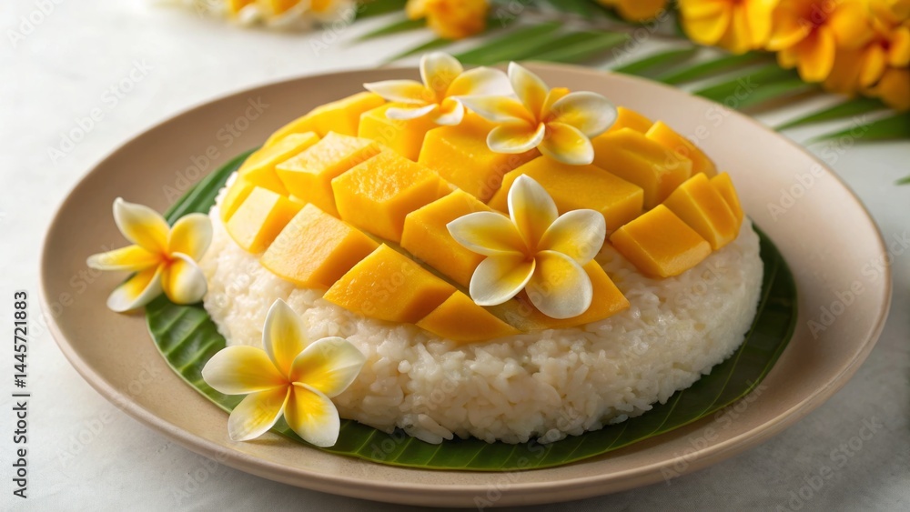 Sweet mango slices are artfully arranged atop sticky rice, garnished with vibrant flowers, creating a colorful dish typical of tropical cultures, perfect for dessert