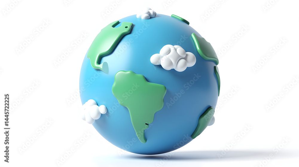 Fototapeta premium A vibrant 3D globe depicting continents and clouds in playful colors. Ideal for environmental themes.