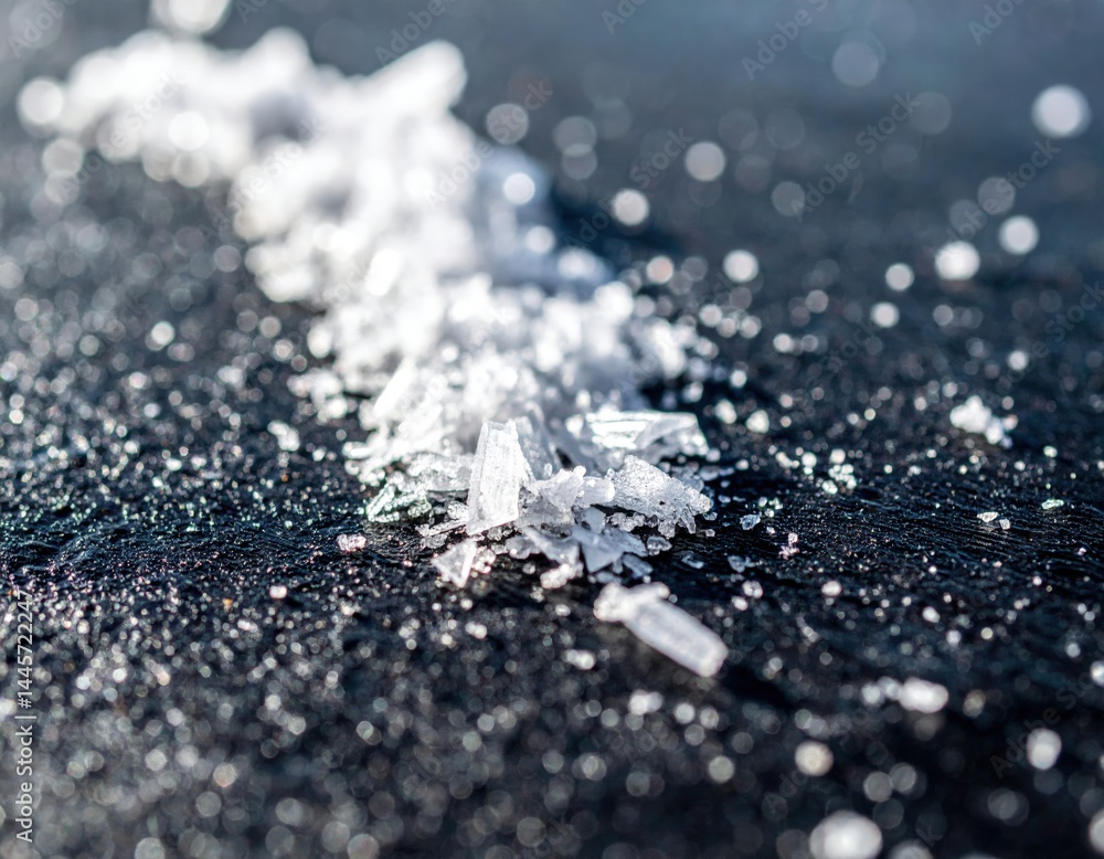 Close Up Ice Crystals On Dark Ground Close Up Ice Crystals On Dark Ground