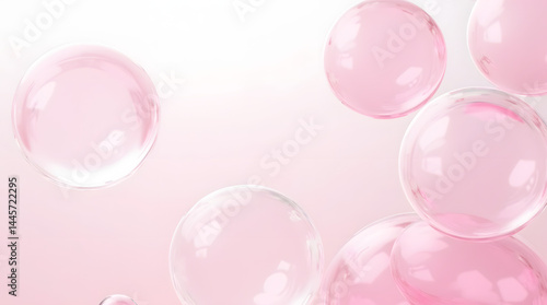 A collection of delicate, translucent pink bubbles drifting on a soft gradient background.