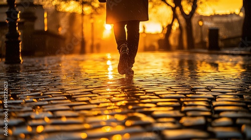 Fototapeta Naklejka Na Ścianę i Meble -  Golden hour stroll on a wet cobblestone street