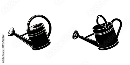 watering can silhouette, Minimalist Black Silhouette Hose and Warring Can Vector Collection, Water Can Silhouettes, Black And White Watering Can Icons, Watering Can Icon on Black and White Vector.