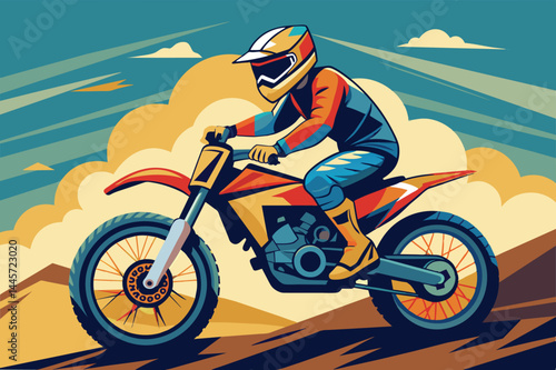 The motocross rider expertly maneuvers through a dusty landscape, balancing speed and control on the powerful motorcycle while clouds tower in the background.