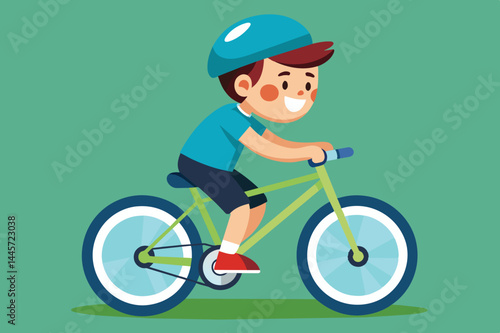 A cheerful young boy rides a green bicycle, sporting a blue helmet and a big smile, enjoying his time on a sunny day with a vibrant background.