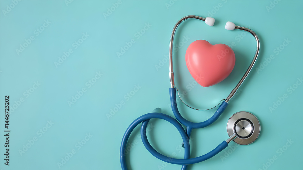 Stethoscope and Heart Shape on Turquoise Background for Medical and Healthcare Concepts Stethoscope and Heart Shape on Turquoise Background for Medical and Healthcare Concepts