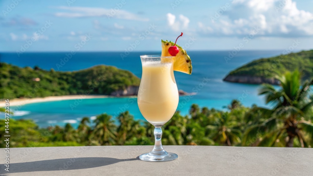 A delicious tropical cocktail garnished with a pineapple slice and cherry sits on a balcony railing. A stunning ocean view with lush hills and clear blue water is visible in the background