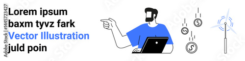 Man with laptop gestures towards wind turbine and falling coins, highlighting renewable energy, sustainability, financial growth, technology, innovation, clean energy, and business strategy. Ideal