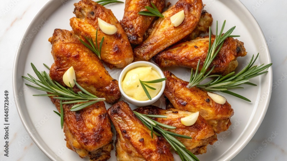 Golden-brown chicken wings are carefully arranged on a white plate, garnished with fresh herbs and accompanied by a small dish of creamy dipping sauce, creating an inviting presentation