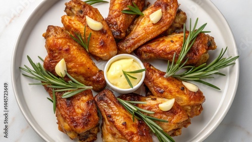 Obraz na płótnie Golden-brown chicken wings are carefully arranged on a white plate, garnished with fresh herbs and accompanied by a small dish of creamy dipping sauce, creating an inviting presentation w salonie