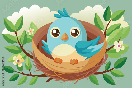 A vibrant bluebird is nestled comfortably in a natural nest, surrounded by lush green leaves and delicate white flowers under a soft blue sky.