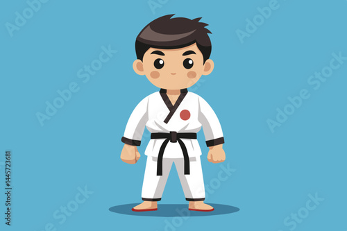 A young boy stands confidently in a black belt karate uniform on a vibrant blue background, showcasing his dedication to martial arts and training.