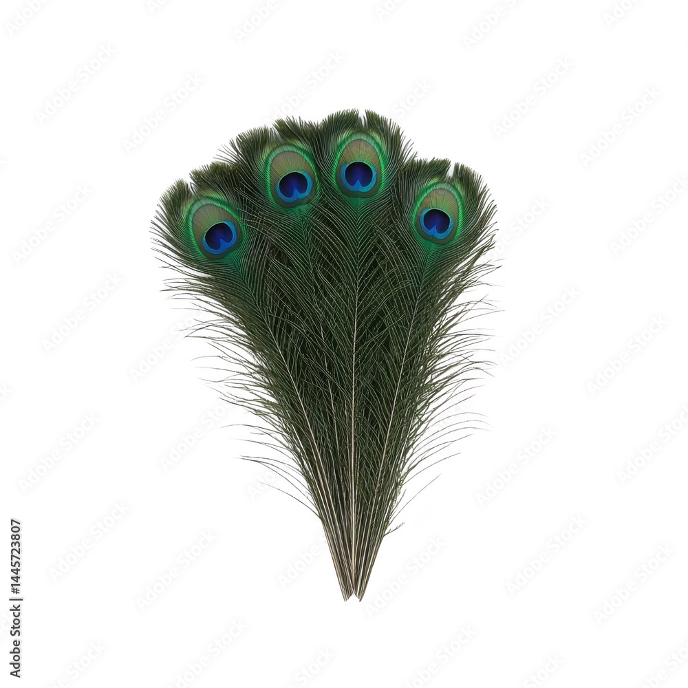 Naklejka premium Peacock feathers with vibrant eye patterns are displayed in fan shape, showcasing their iridescent colors and intricate details. These feathers are often used in decoration and art