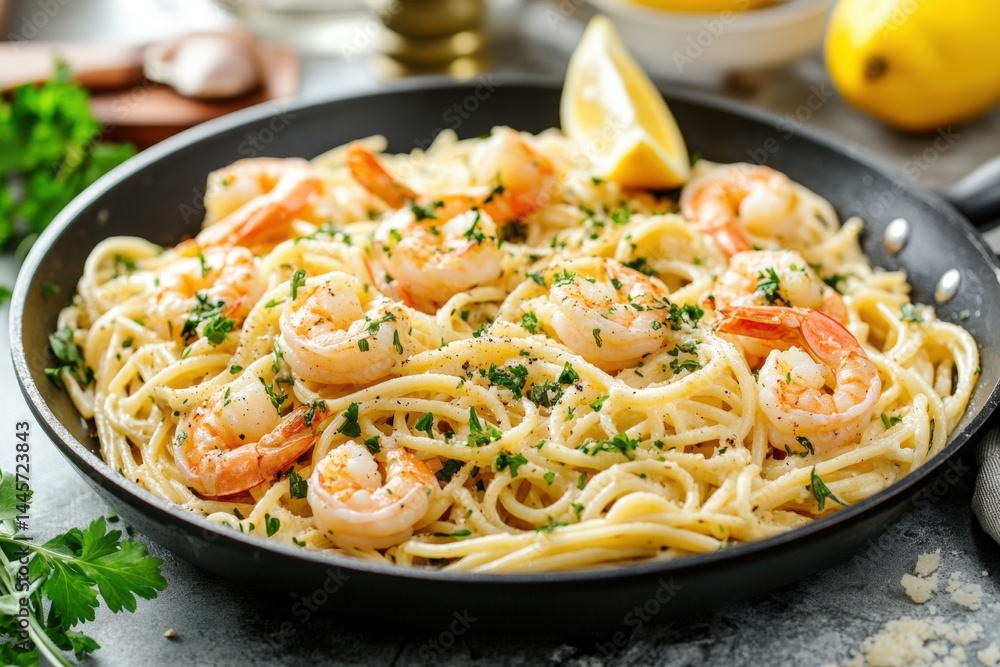 A pan of creamy garlic spaghetti with shrimp, garnished with herbs and lemon wedges with copy space. Bright natural lighting. Elegant restaurant background. A pan of creamy garlic spaghetti with shrimp, garnished with herbs and lemon wedges with copy space. Bright natural lighting. Elegant restaurant background.