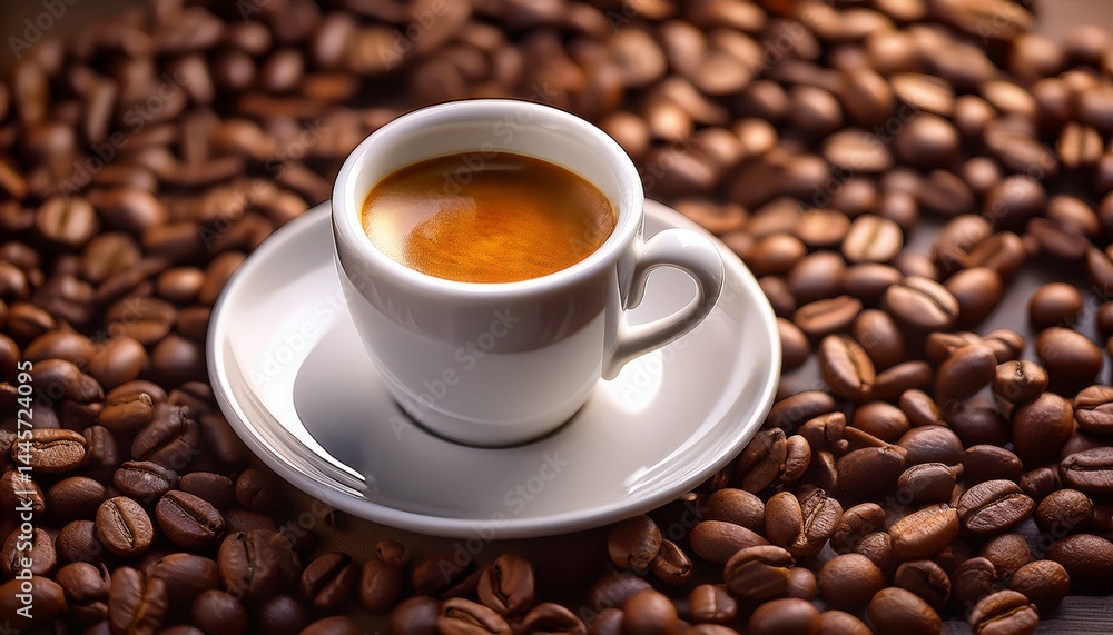rich espresso served in a delicate white cup nestled among roasted coffee beans creating a warm and inviting atmosphere rich espresso served in a delicate white cup nestled among roasted coffee beans creating a warm and inviting atmosphere
