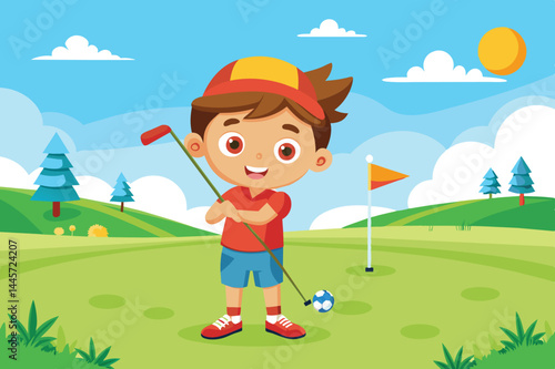 A cheerful boy stands confidently on a golf course, holding a putter and smiling. He wears a red cap and shirt, ready to take a swing on a bright, sunny day.