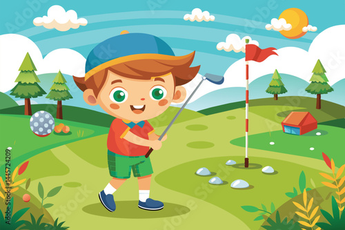 A cheerful boy swings a club on a vibrant mini-golf course, surrounded by trees, a sunny sky, and playful elements like a flag and rocks, evoking a fun outdoor atmosphere.