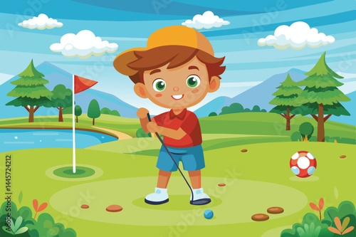 A cheerful boy stands on a lush green golf course, focusing intently on his putter as he prepares to take a shot towards the hole marked by a red flag.