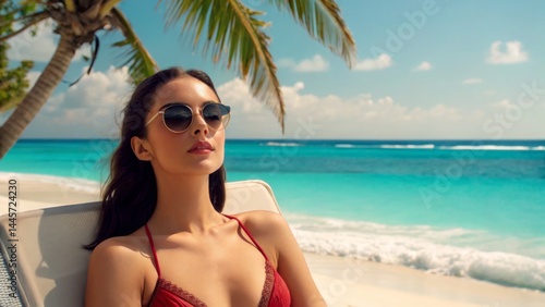 Obraz na płótnie A young woman relaxes on a beach chair, wearing sunglasses and a bikini, soaking up the sun with gentle ocean waves in the background. Bright skies enhance the serene atmosphere w salonie