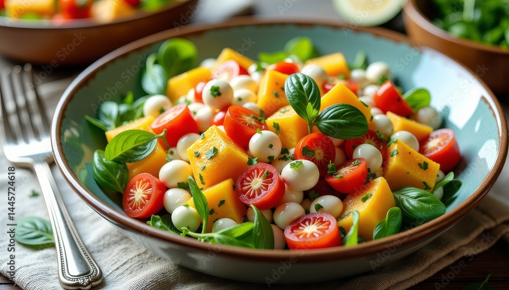 Vibrant salad with tomatoes and melon in blue bowl, healthy indulgence Vibrant salad with tomatoes and melon in blue bowl, healthy indulgence