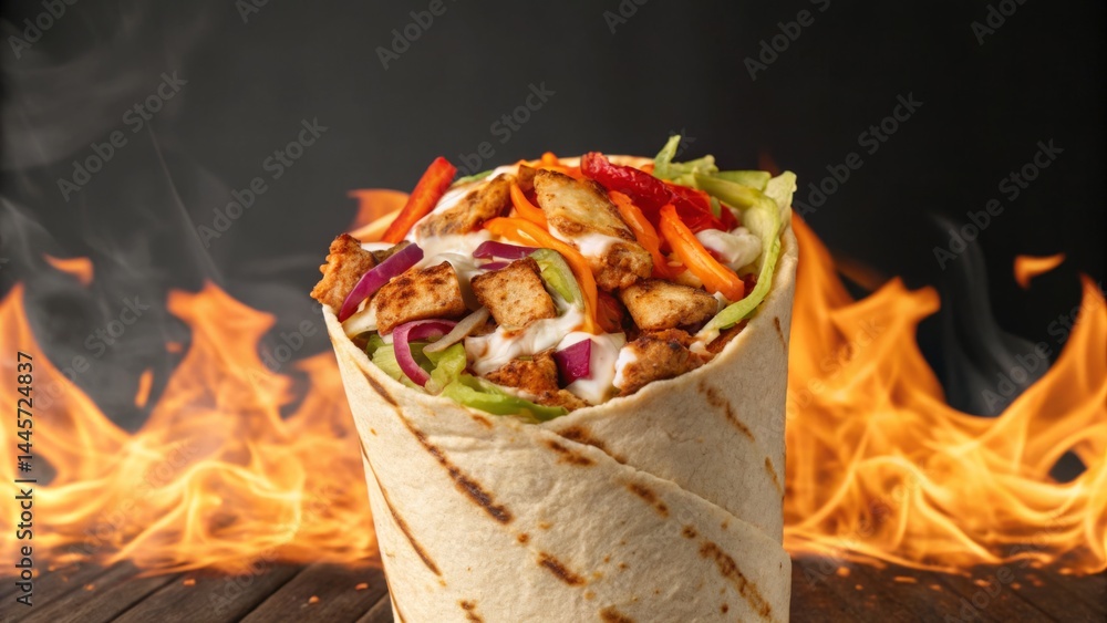 A grilled chicken wrap packed with vibrant vegetables sits prominently, with flames flickering in the background, highlighting its spicy appeal and appetizing freshness