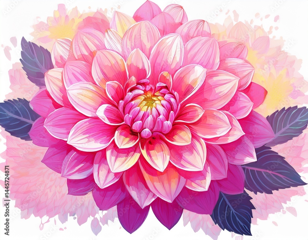 Fototapeta premium bright pink flower art isolated on white background watercolor illustration watercolor painting of a beautiful colorful dahlia flower