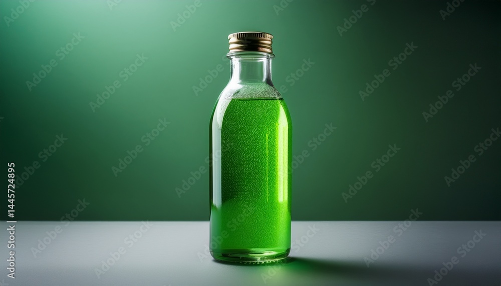 a minimalist photorealistic studio shot focusing on a glass bottle filled with a refreshing vibrant green liquid embodying purity and natural wellness a minimalist photorealistic studio shot focusing on a glass bottle filled with a refreshing vibrant green liquid embodying purity and natural wellness
