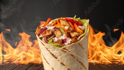 Obraz na płótnie A grilled chicken wrap packed with vibrant vegetables sits prominently, with flames flickering in the background, highlighting its spicy appeal and appetizing freshness w salonie