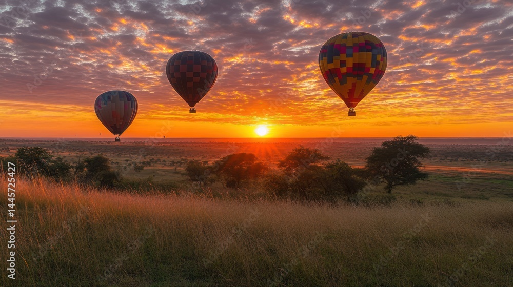 Obraz premium Colorful hot air balloons over a savanna sunrise