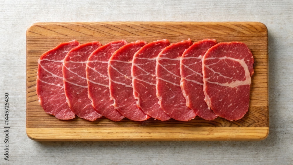 Thin slices of raw beef are meticulously arranged on a wooden cutting board. The kitchen setting features a clean, contemporary style that highlights the freshness of the meat