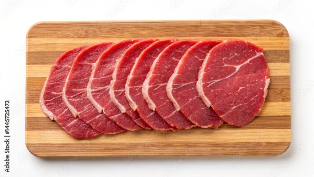 Thin slices of high-quality beef are neatly arranged on a wooden cutting board. The vibrant red color and marbling indicate freshness, suitable for various culinary uses