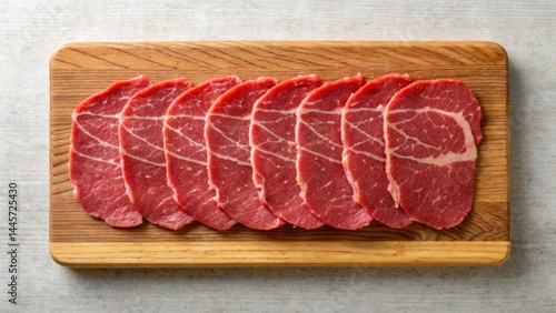 Obraz na płótnie Thin slices of raw beef are meticulously arranged on a wooden cutting board. The kitchen setting features a clean, contemporary style that highlights the freshness of the meat w salonie