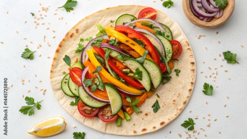 A vibrant assortment of fresh vegetables including cucumbers, bell peppers, tomatoes, and onions arranged on flatbread. The kitchen counter is well-lit and organized, enhancing the healthy appeal