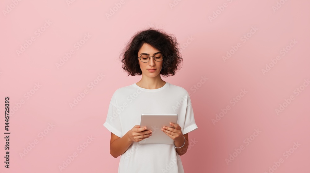 Young woman with curly hair uses tablet while standing in front of a pink background.
