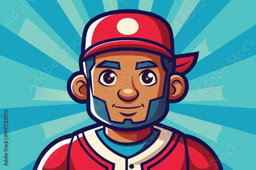 A cartoon character dressed in a red baseball cap and jersey smiles confidently, showcasing the excitement of sports while set against a lively blue backdrop.