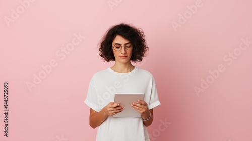 Obraz na płótnie Young woman with curly hair uses tablet while standing in front of a pink background. w salonie