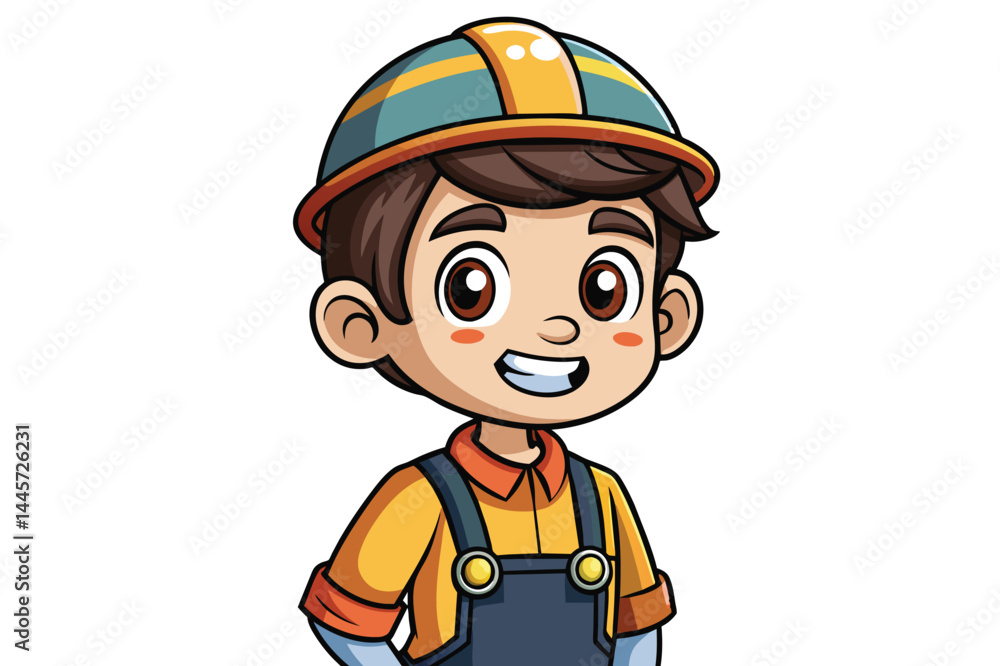 A cheerful cartoon character wearing a construction helmet and bright clothing stands with a friendly smile, ideal for educational materials or child-themed designs. A cheerful cartoon character wearing a construction helmet and bright clothing stands with a friendly smile, ideal for educational materials or child-themed designs.